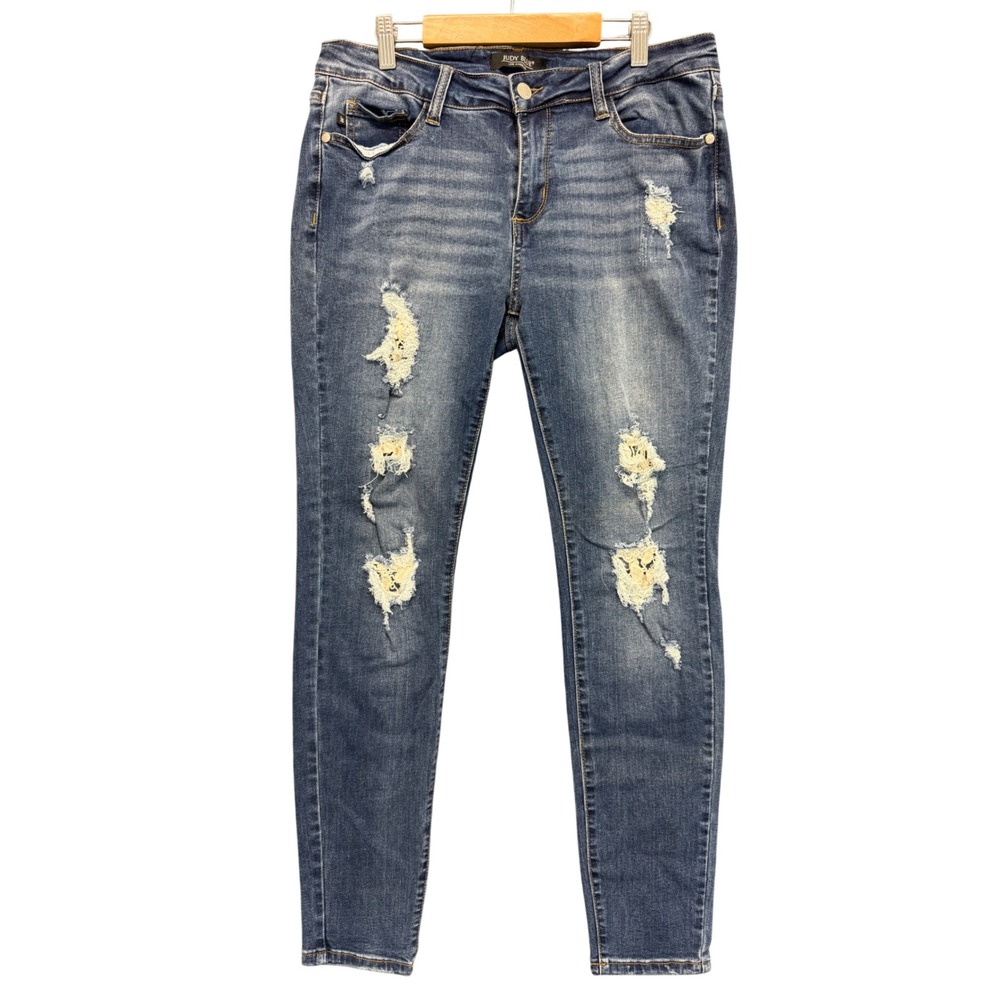 Judy Blue‎ Lace Patch Skinny Jeans Womens 11/30 Distressed Ripped Boho Mid Rise
